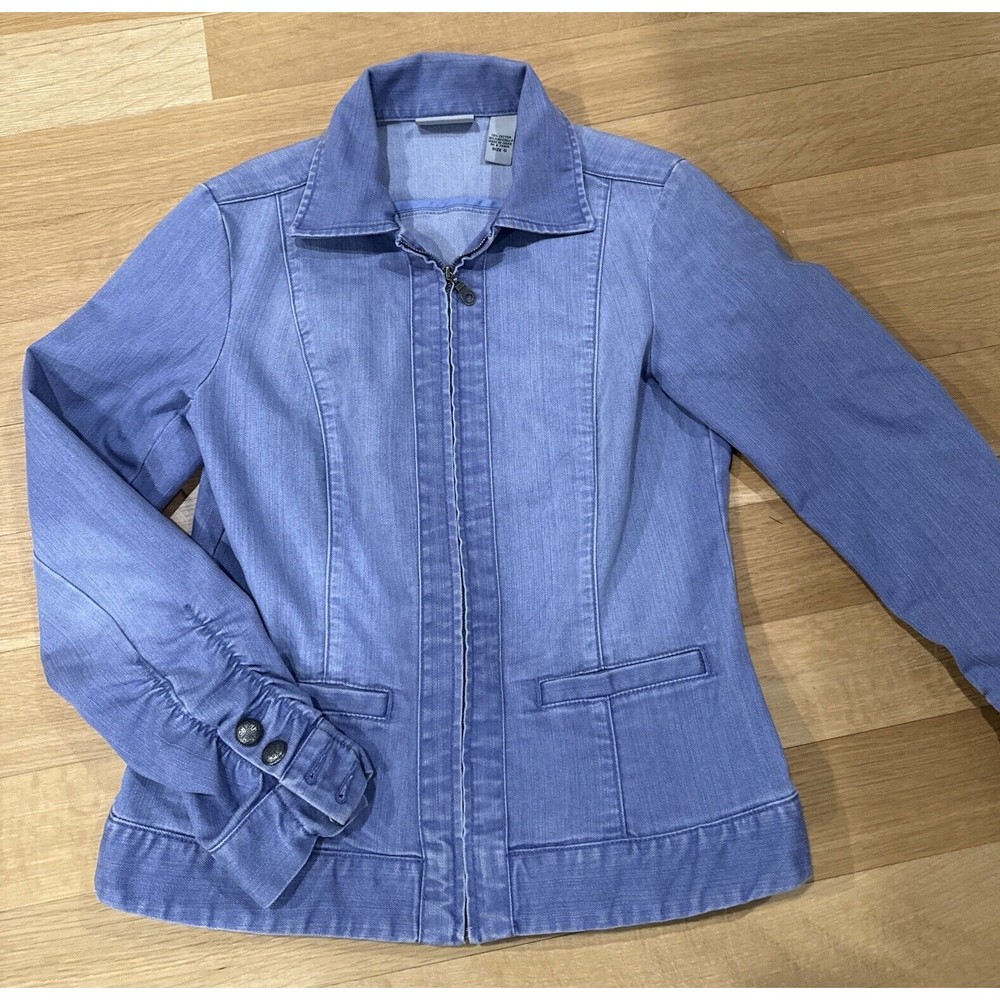 Chicos Platinum Womens Ruched Jacket  Sz 0 US Sz medium Zip Pockets Blue Denim